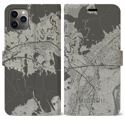 【緑井（広島県）】地図柄iPhoneケース（手帳タイプ）モノトーン・iPhone 11 Pro Max 用