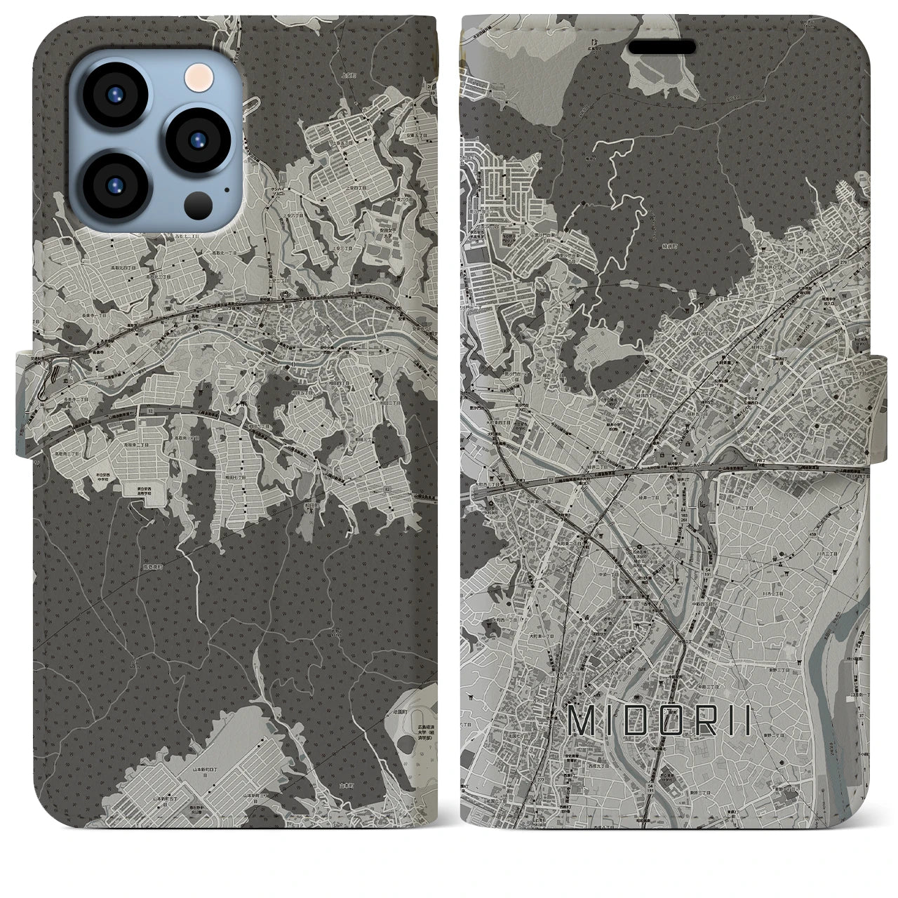 【緑井】地図柄iPhoneケース（手帳両面タイプ・モノトーン）iPhone 13 Pro Max 用