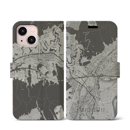 【緑井（広島県）】地図柄iPhoneケース（手帳タイプ）モノトーン・iPhone 13 mini 用