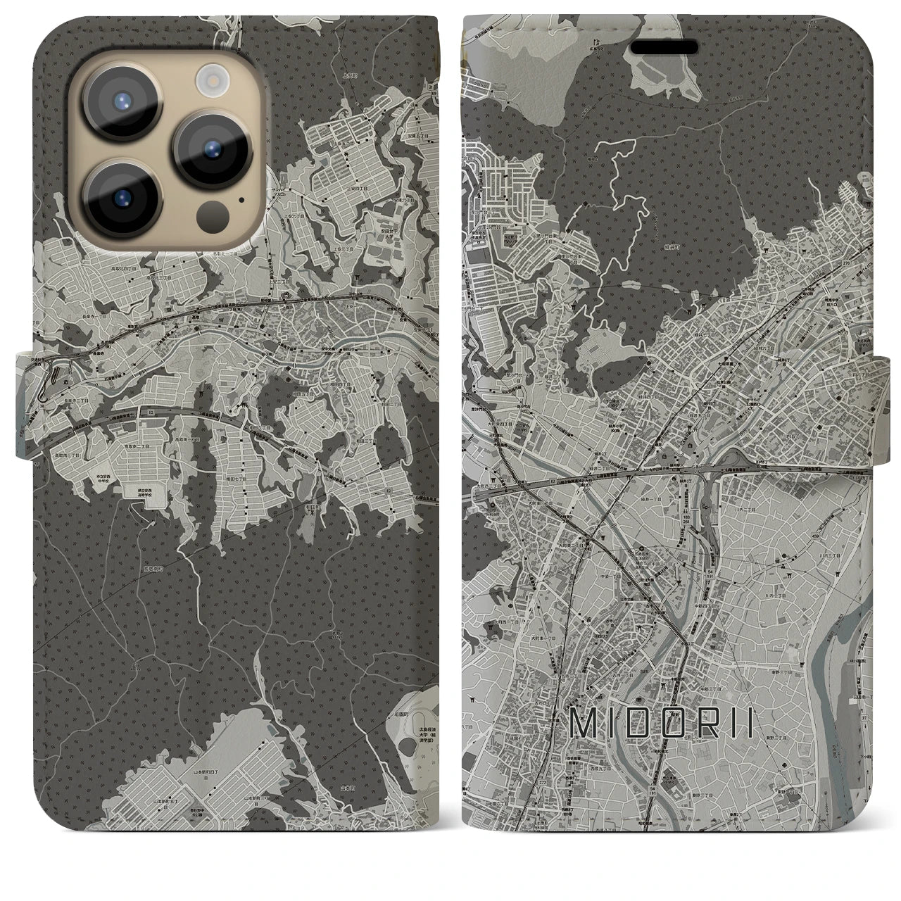 【緑井】地図柄iPhoneケース（手帳両面タイプ・モノトーン）iPhone 14 Pro Max 用