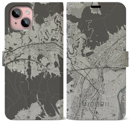 【緑井（広島県）】地図柄iPhoneケース（手帳タイプ）モノトーン・iPhone 15 Plus 用