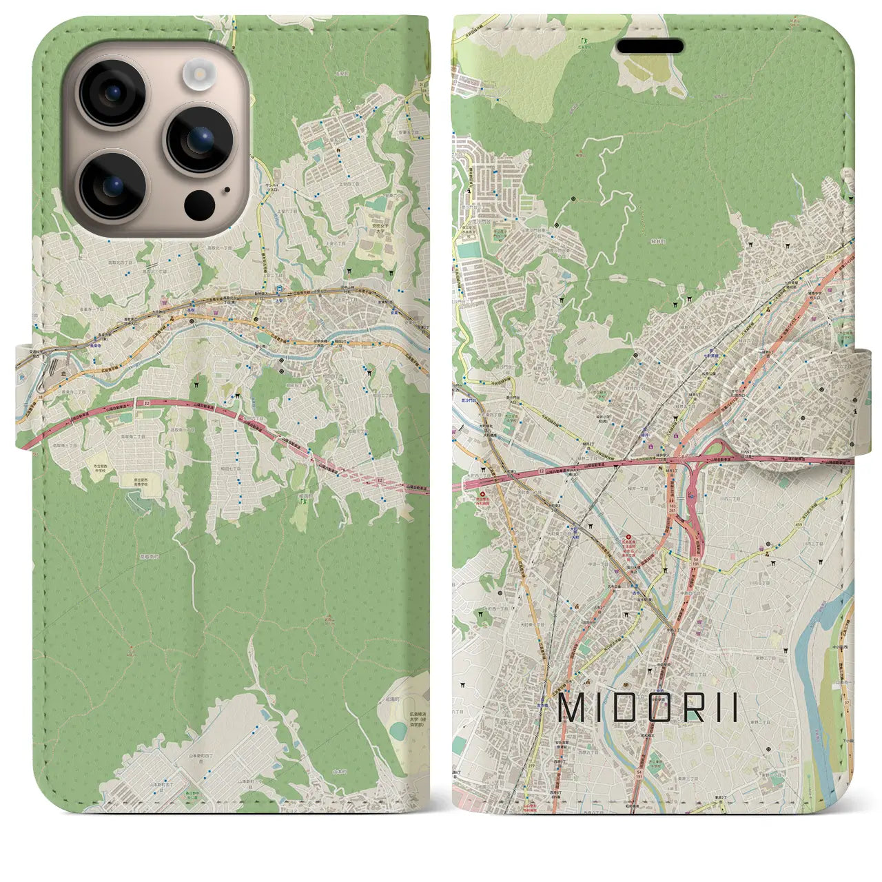 【緑井（広島県）】地図柄iPhoneケース（手帳タイプ）ナチュラル・iPhone 16 Plus 用