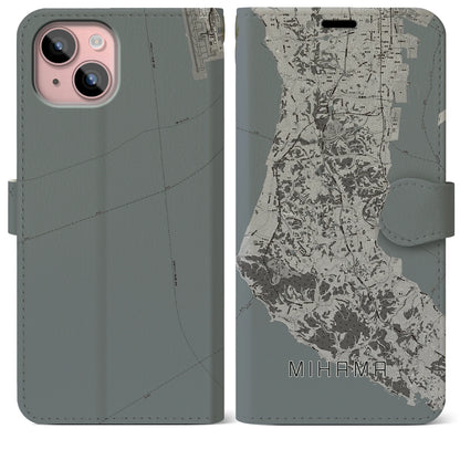 【美浜（愛知県）】地図柄iPhoneケース（手帳タイプ）モノトーン・iPhone 15 Plus 用