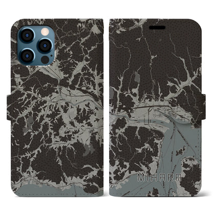 【三原（広島県）】地図柄iPhoneケース（手帳タイプ）モノトーン・iPhone 12 / 12 Pro 用