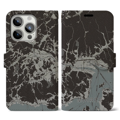 【三原（広島県）】地図柄iPhoneケース（手帳タイプ）モノトーン・iPhone 15 Pro 用