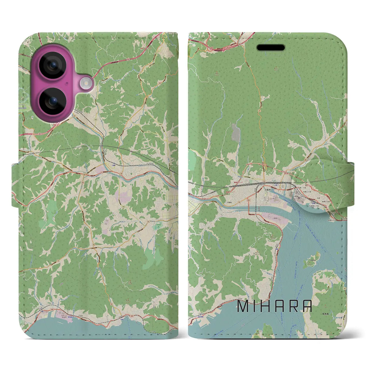 【三原（広島県）】地図柄iPhoneケース（手帳タイプ）ナチュラル・iPhone 16 Pro 用