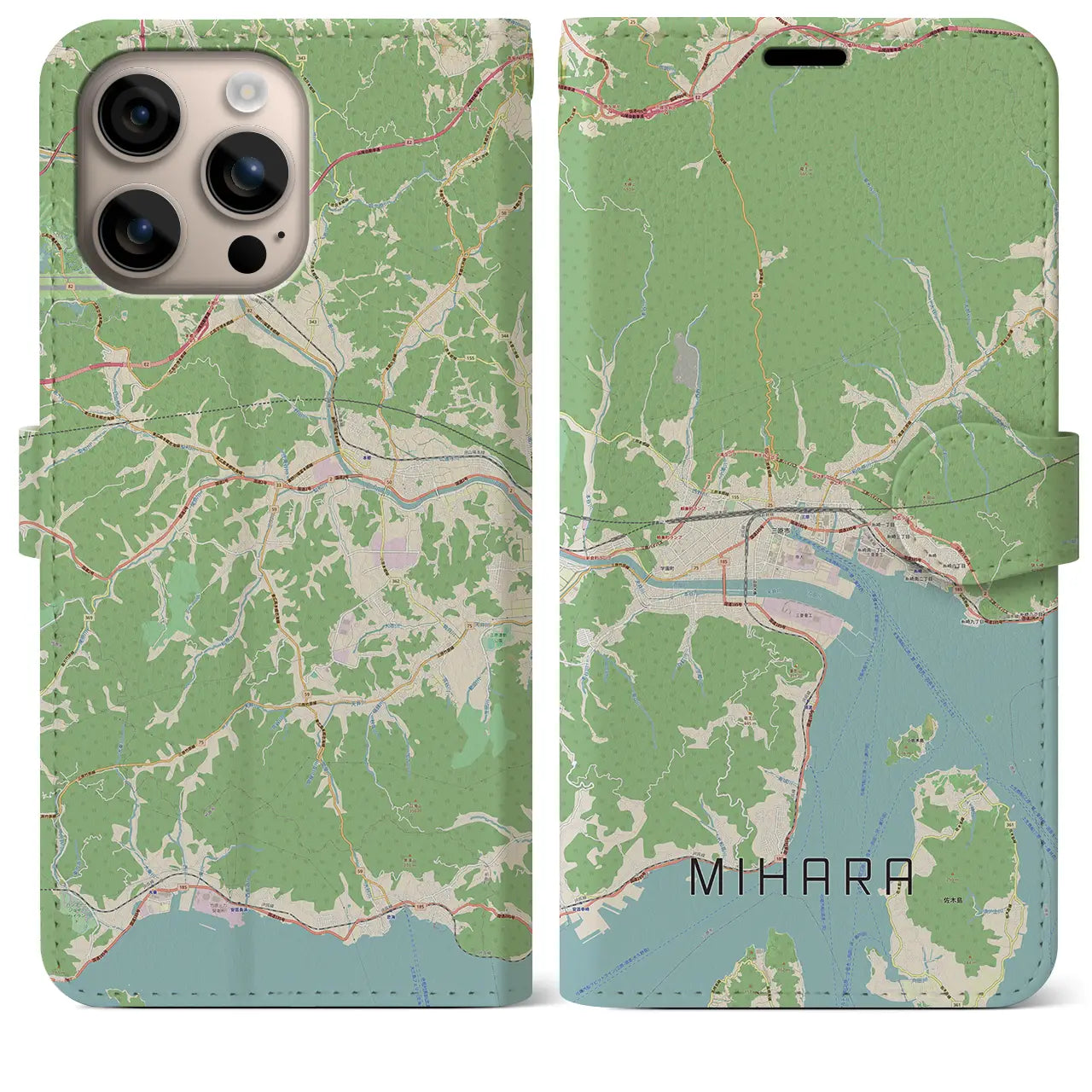 【三原（広島県）】地図柄iPhoneケース（手帳タイプ）ナチュラル・iPhone 16 Plus 用