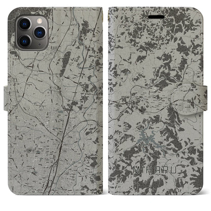 【三春（福島県）】地図柄iPhoneケース（手帳タイプ）モノトーン・iPhone 11 Pro Max 用