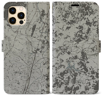 【三春（福島県）】地図柄iPhoneケース（手帳タイプ）モノトーン・iPhone 12 Pro Max 用