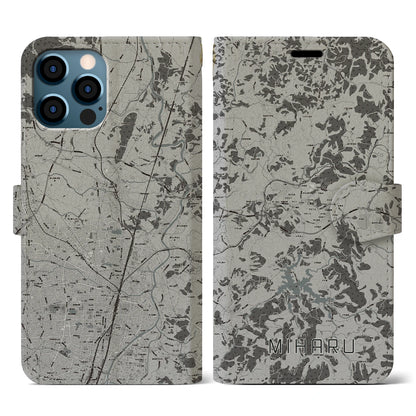 【三春（福島県）】地図柄iPhoneケース（手帳タイプ）モノトーン・iPhone 12 / 12 Pro 用