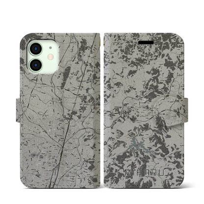 【三春（福島県）】地図柄iPhoneケース（手帳タイプ）モノトーン・iPhone 12 mini 用