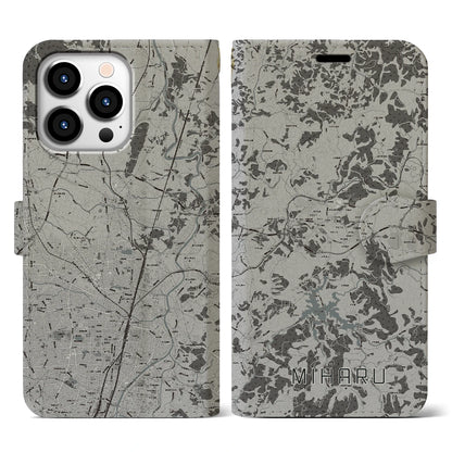 【三春（福島県）】地図柄iPhoneケース（手帳タイプ）モノトーン・iPhone 13 Pro 用