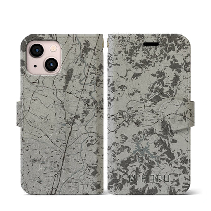 【三春（福島県）】地図柄iPhoneケース（手帳タイプ）モノトーン・iPhone 13 mini 用