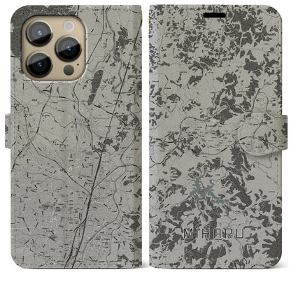 【三春（福島県）】地図柄iPhoneケース（手帳タイプ）モノトーン・iPhone 14 Pro Max 用