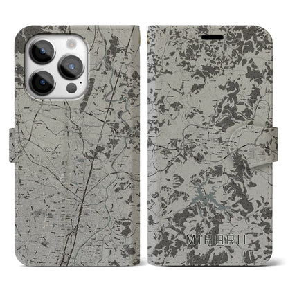 【三春（福島県）】地図柄iPhoneケース（手帳タイプ）モノトーン・iPhone 14 Pro 用