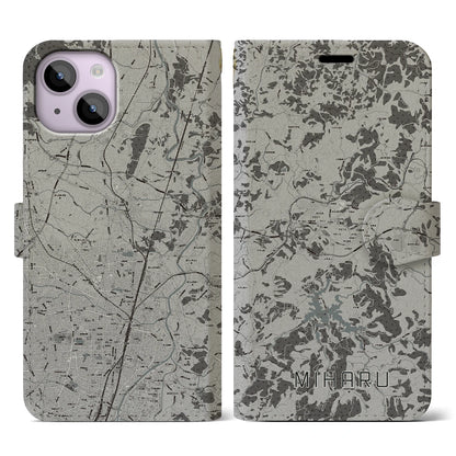 【三春（福島県）】地図柄iPhoneケース（手帳タイプ）モノトーン・iPhone 14 用