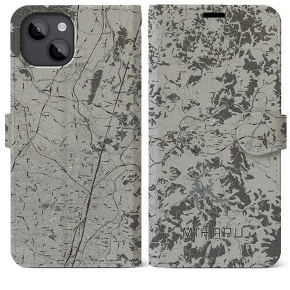 【三春（福島県）】地図柄iPhoneケース（手帳タイプ）モノトーン・iPhone 14 Plus 用