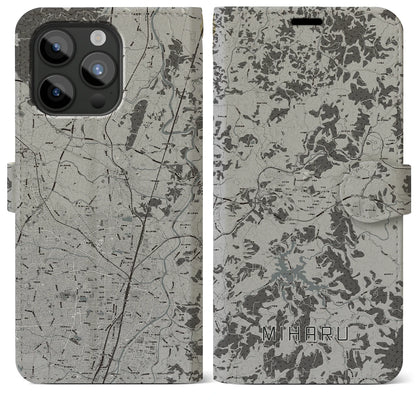 【三春（福島県）】地図柄iPhoneケース（手帳タイプ）モノトーン・iPhone 15 Pro Max 用