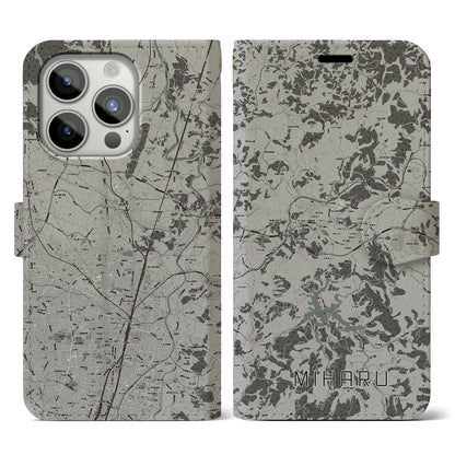 【三春（福島県）】地図柄iPhoneケース（手帳タイプ）モノトーン・iPhone 15 Pro 用