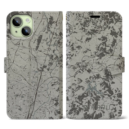 【三春（福島県）】地図柄iPhoneケース（手帳タイプ）モノトーン・iPhone 15 用