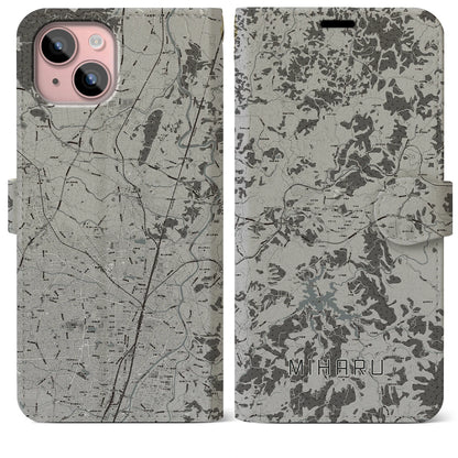 【三春（福島県）】地図柄iPhoneケース（手帳タイプ）モノトーン・iPhone 15 Plus 用