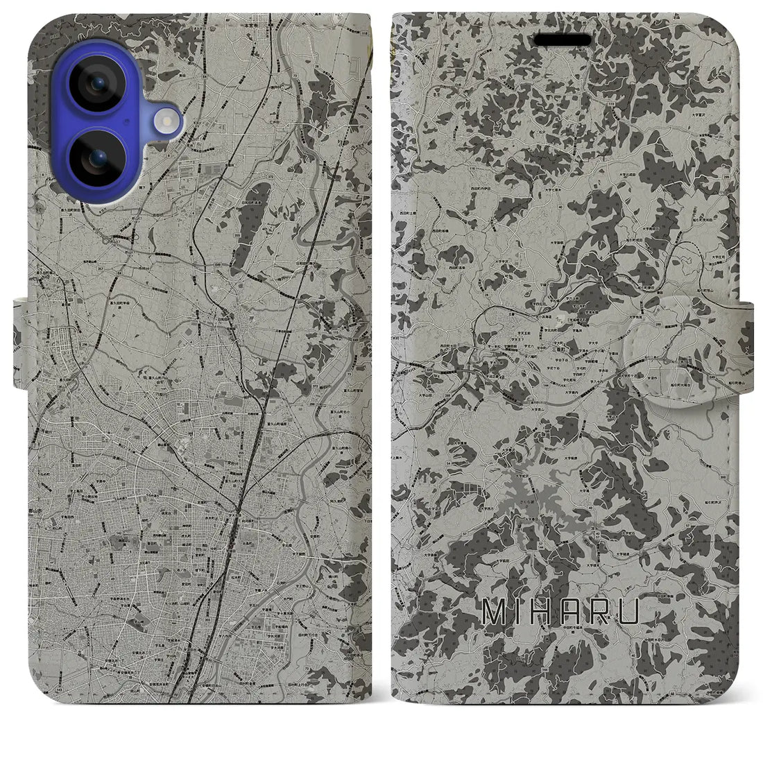 【三春(福島県)】地図柄iPhoneケース(手帳タイプ)モノトーン・iPhone 16 Pro Max 用