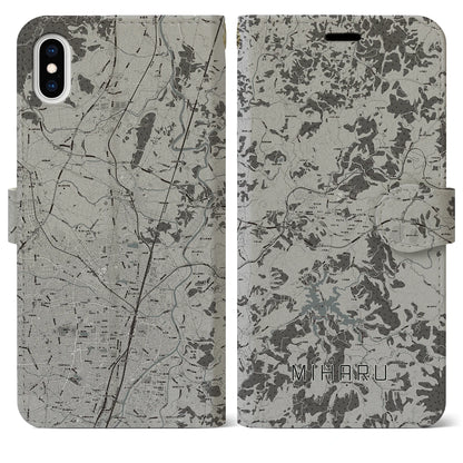 【三春（福島県）】地図柄iPhoneケース（手帳タイプ）モノトーン・iPhone XS Max 用