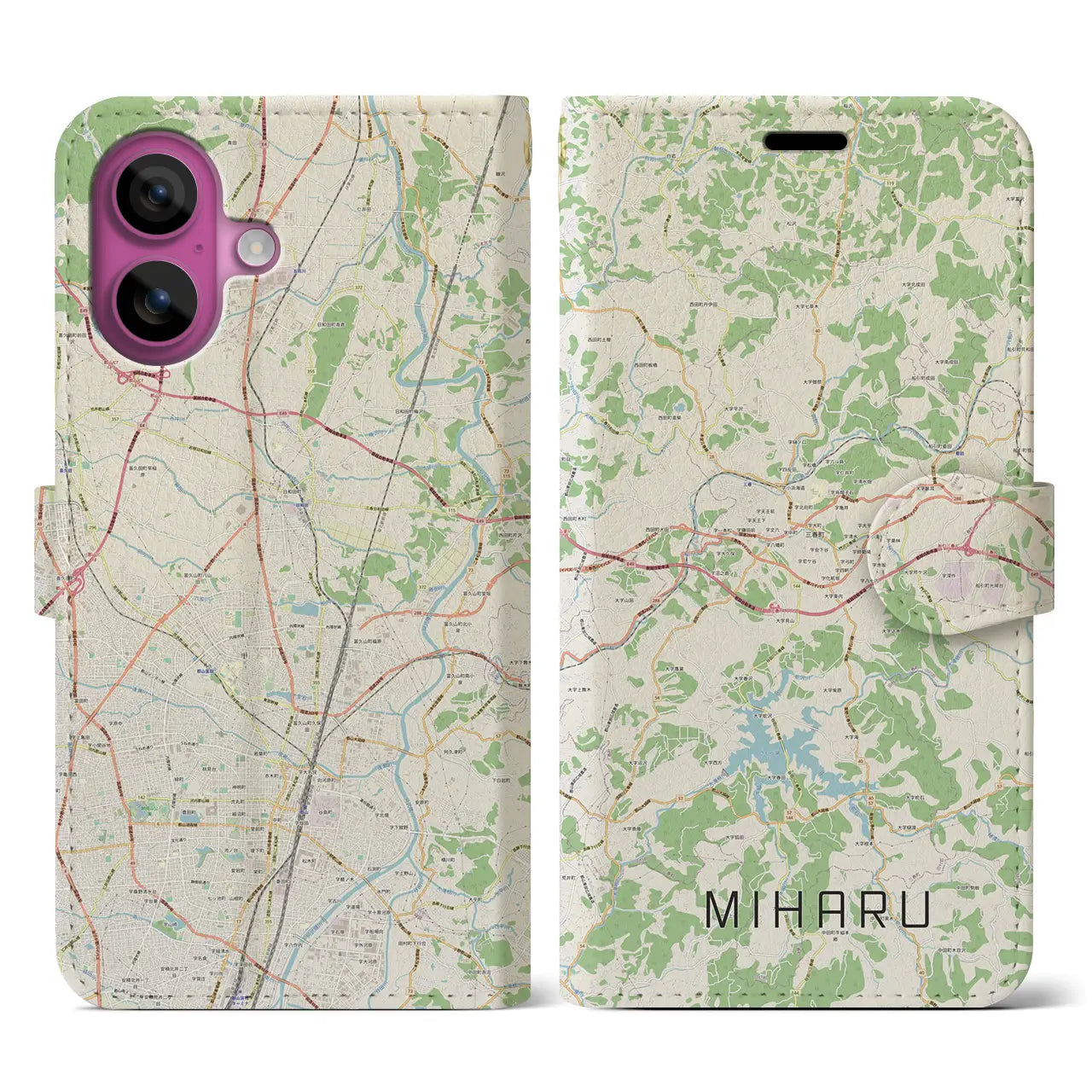 【三春（福島県）】地図柄iPhoneケース（手帳タイプ）ナチュラル・iPhone 16 Pro 用