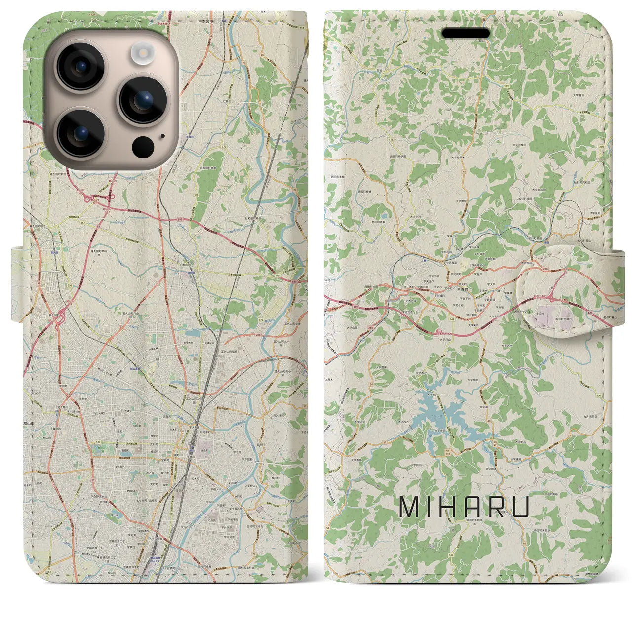 【三春（福島県）】地図柄iPhoneケース（手帳タイプ）ナチュラル・iPhone 16 Plus 用