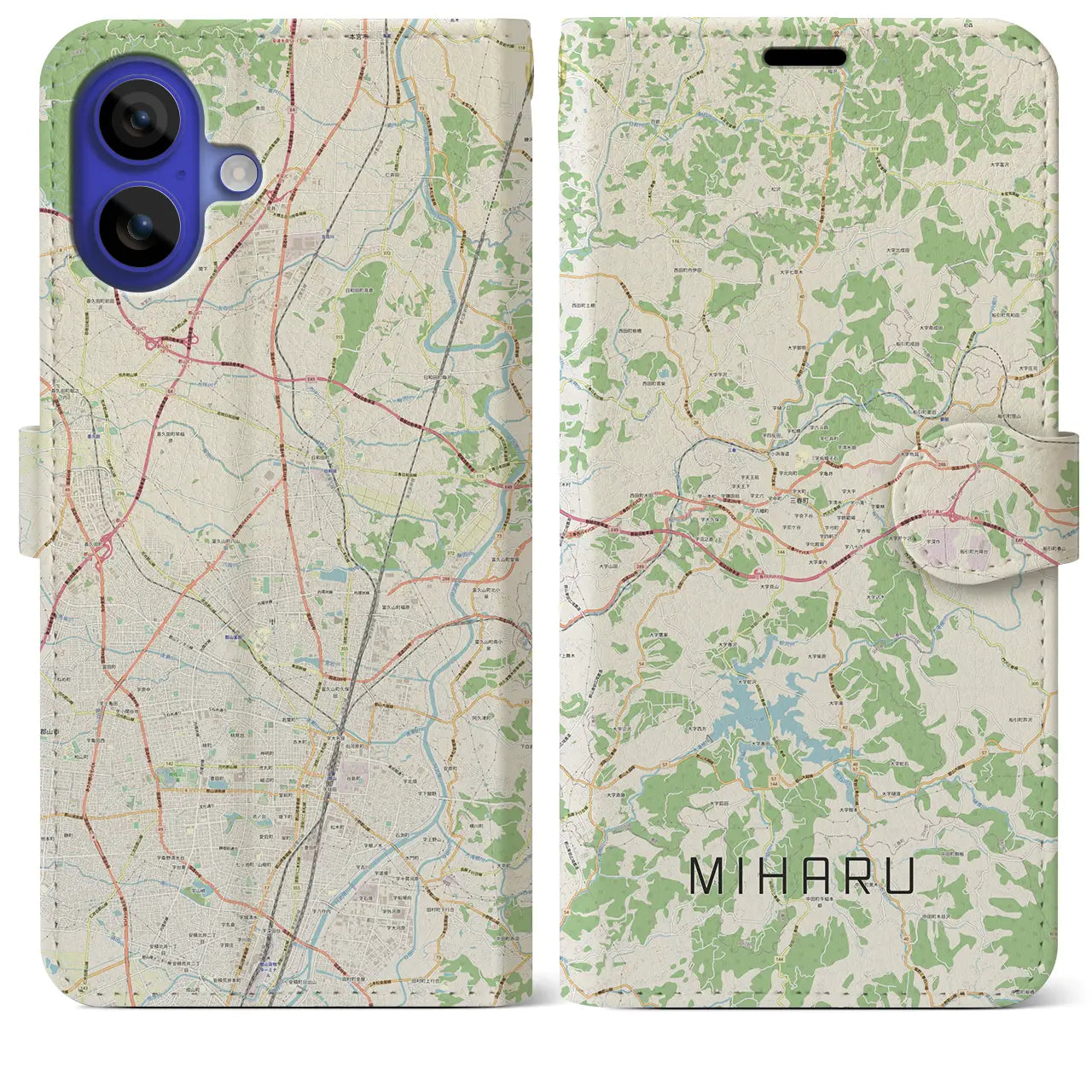 【三春（福島県）】地図柄iPhoneケース（手帳タイプ）ナチュラル・iPhone 16 Pro Max 用