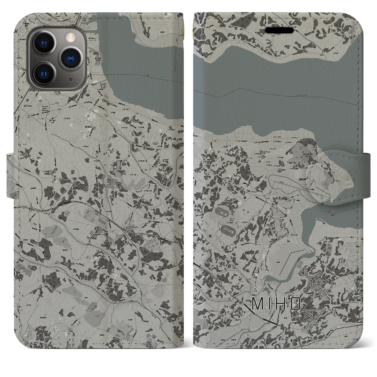 【美浦】地図柄iPhoneケース（手帳両面タイプ・モノトーン）iPhone 11 Pro Max 用