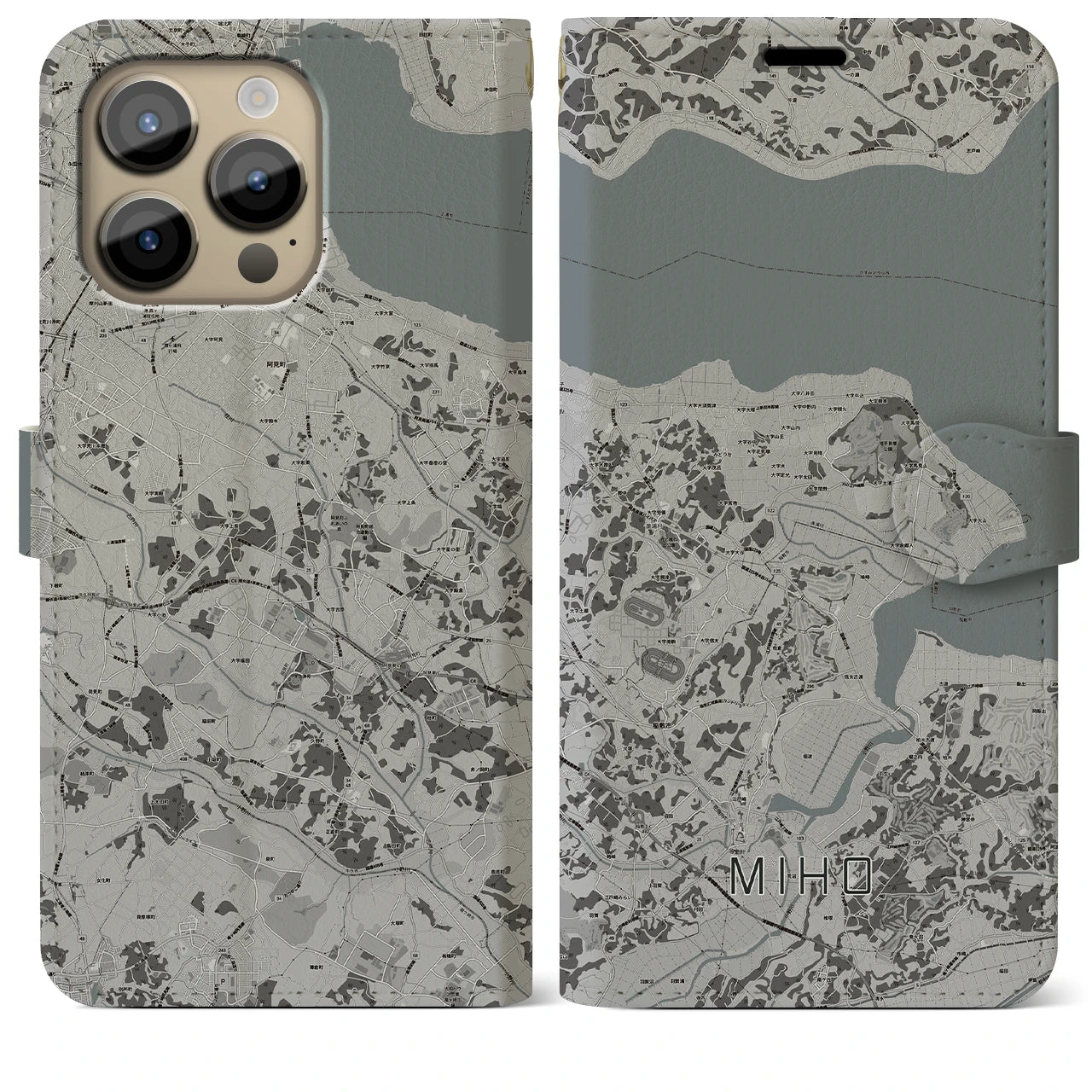 【美浦】地図柄iPhoneケース（手帳両面タイプ・モノトーン）iPhone 14 Pro Max 用