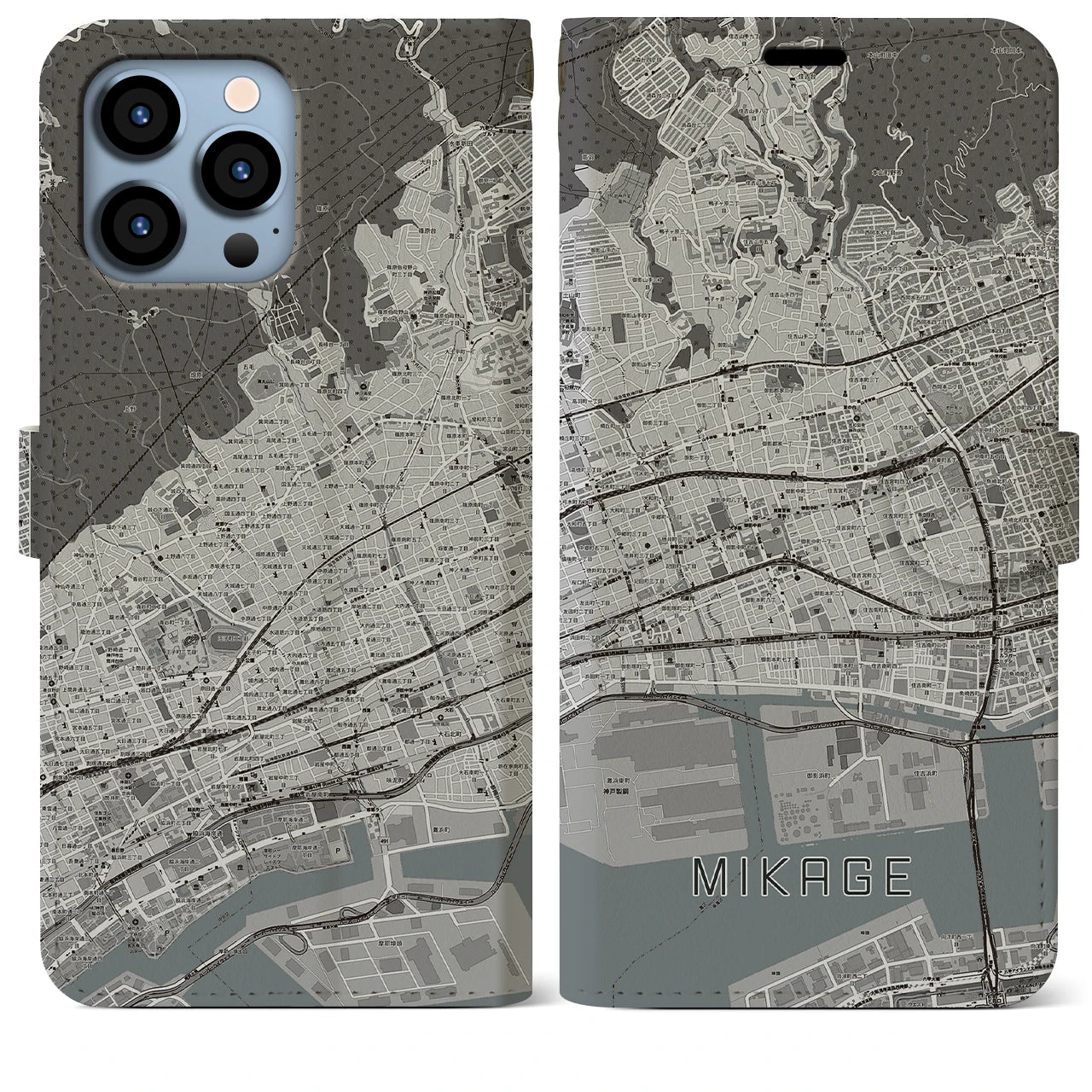 【御影】地図柄iPhoneケース（手帳両面タイプ・モノトーン）iPhone 13 Pro Max 用