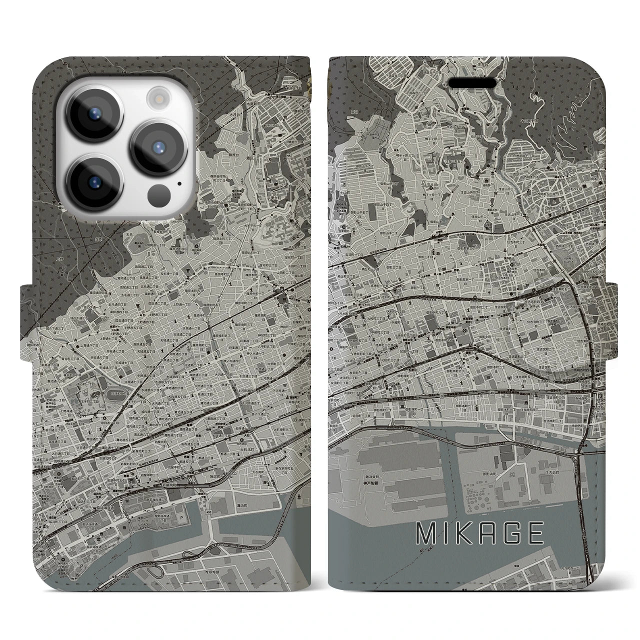 【御影】地図柄iPhoneケース（手帳両面タイプ・モノトーン）iPhone 14 Pro 用