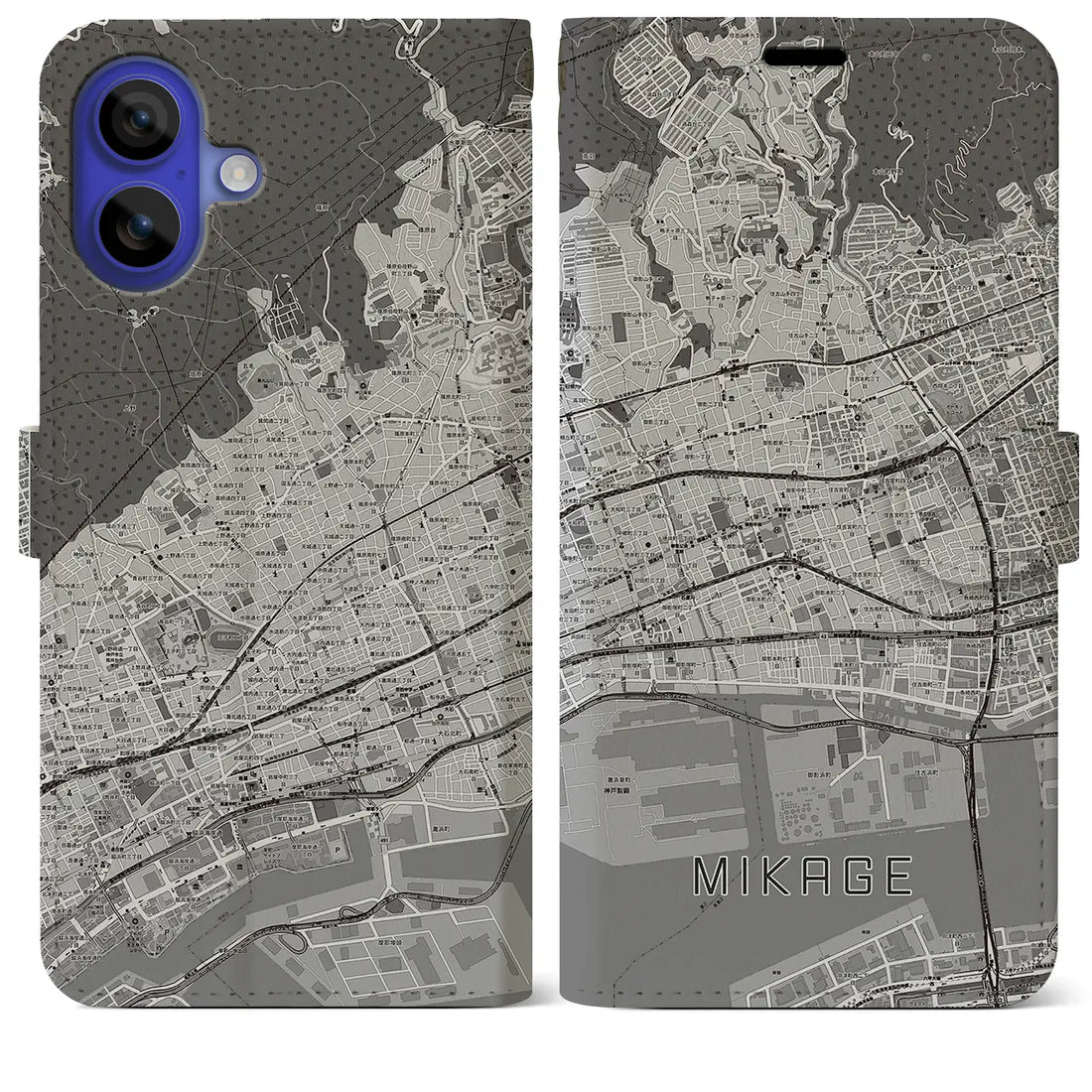 【御影(兵庫県)】地図柄iPhoneケース(手帳タイプ)モノトーン・iPhone 16 Pro Max 用