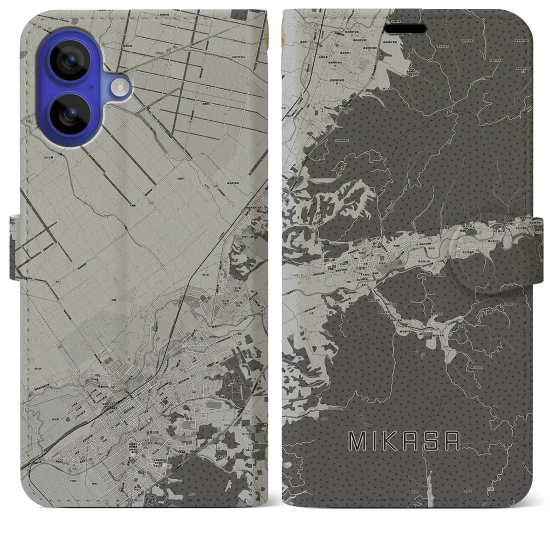 【三笠(北海道)】地図柄iPhoneケース(手帳タイプ)モノトーン・iPhone 16 Pro Max 用