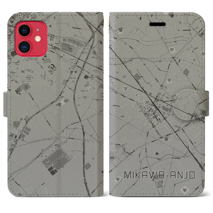 【三河安城（愛知県）】地図柄iPhoneケース（手帳タイプ）モノトーン・iPhone 11 用