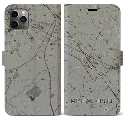 【三河安城（愛知県）】地図柄iPhoneケース（手帳タイプ）モノトーン・iPhone 11 Pro Max 用