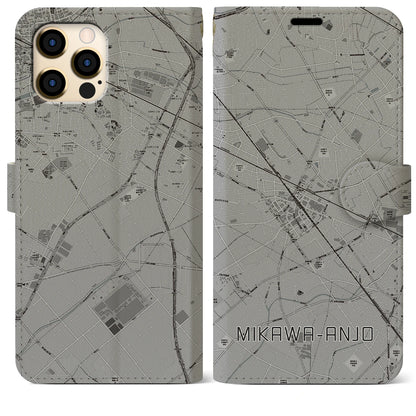 【三河安城（愛知県）】地図柄iPhoneケース（手帳タイプ）モノトーン・iPhone 12 Pro Max 用