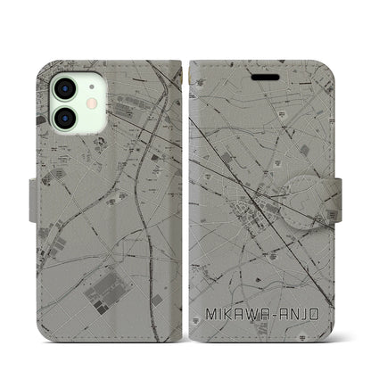 【三河安城（愛知県）】地図柄iPhoneケース（手帳タイプ）モノトーン・iPhone 12 mini 用