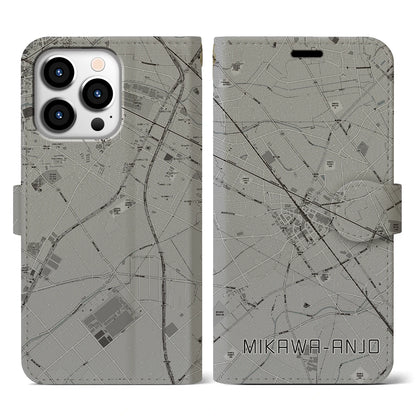 【三河安城（愛知県）】地図柄iPhoneケース（手帳タイプ）モノトーン・iPhone 13 Pro 用