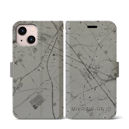 【三河安城（愛知県）】地図柄iPhoneケース（手帳タイプ）モノトーン・iPhone 13 mini 用