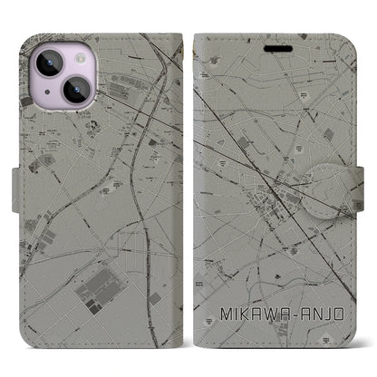 【三河安城（愛知県）】地図柄iPhoneケース（手帳タイプ）モノトーン・iPhone 14 用