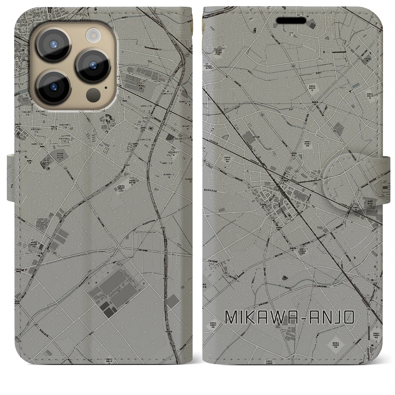 【三河安城】地図柄iPhoneケース（手帳両面タイプ・モノトーン）iPhone 14 Pro Max 用