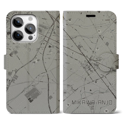 【三河安城（愛知県）】地図柄iPhoneケース（手帳タイプ）モノトーン・iPhone 14 Pro 用