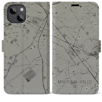 【三河安城（愛知県）】地図柄iPhoneケース（手帳タイプ）モノトーン・iPhone 14 Plus 用