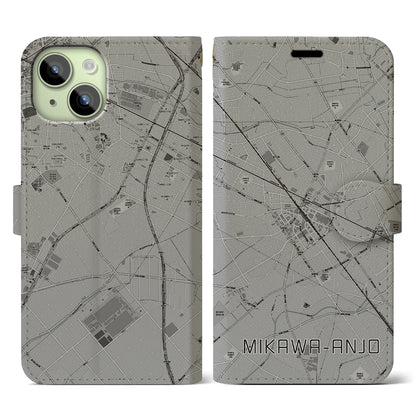 【三河安城（愛知県）】地図柄iPhoneケース（手帳タイプ）モノトーン・iPhone 15 用