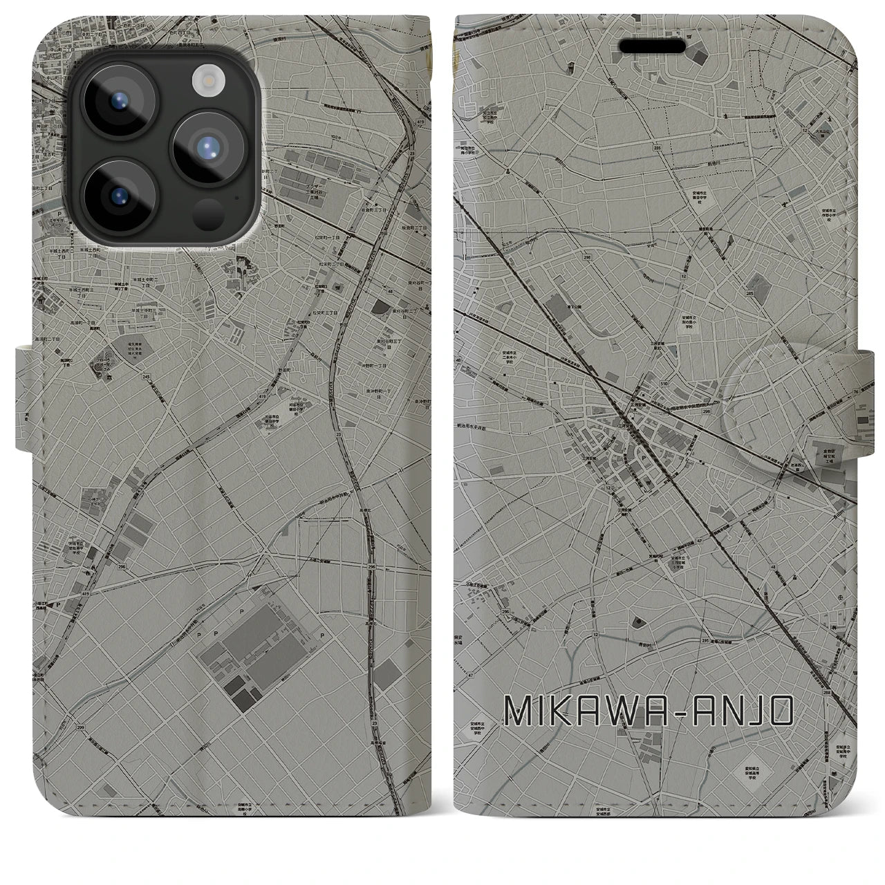 【三河安城】地図柄iPhoneケース（手帳両面タイプ・モノトーン）iPhone 15 Pro Max 用