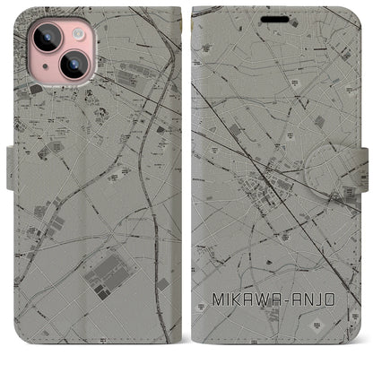 【三河安城（愛知県）】地図柄iPhoneケース（手帳タイプ）モノトーン・iPhone 15 Plus 用