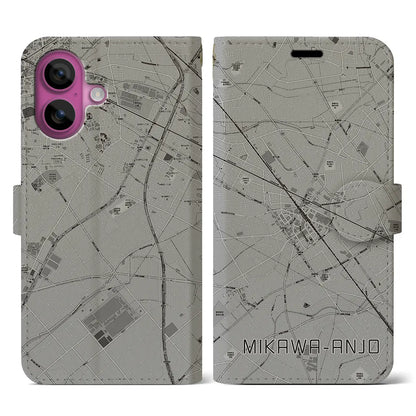 【三河安城（愛知県）】地図柄iPhoneケース（手帳タイプ）モノトーン・iPhone 16 Pro 用